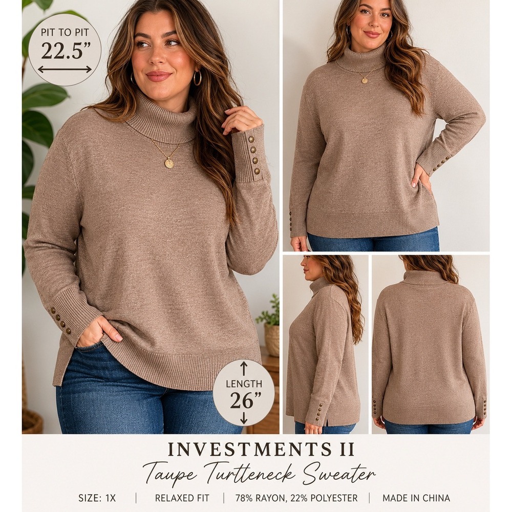 Investments II Womens 1X Taupe Turtleneck Sweater Button Cuff Soft Knit Brown